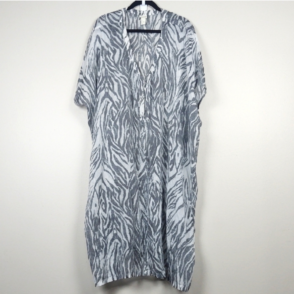 H&M Zebra Print Kaftan Caftan Coverup Gray White V Neck Lyocell S Oversized